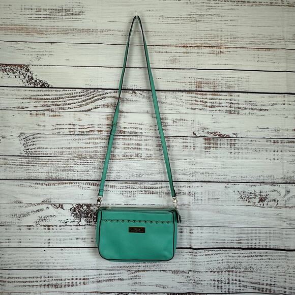 Womens Trina Turk Turquoise Scalloped Edge Small Zip Top Crossbody Boho Purse - Picture 1 of 10